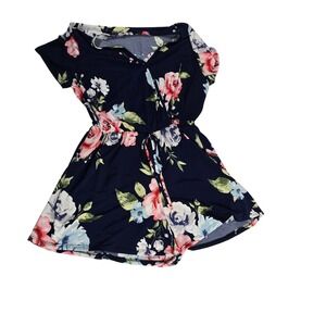 Egy Navy Floral Print V Neck Drawstring Waist Short Sleeve Romper Women's Large